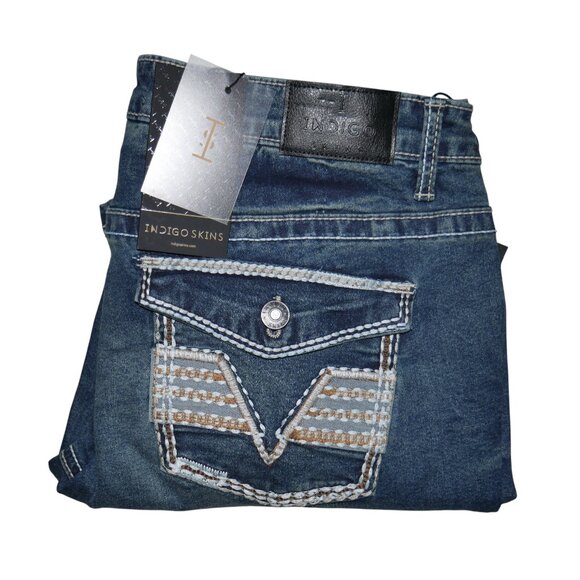 Indigo Skins Men's Dark Wash Jeans Thick Stitch Actual Size 36x31 Tag 34x32 NWT - Picture 1 of 10